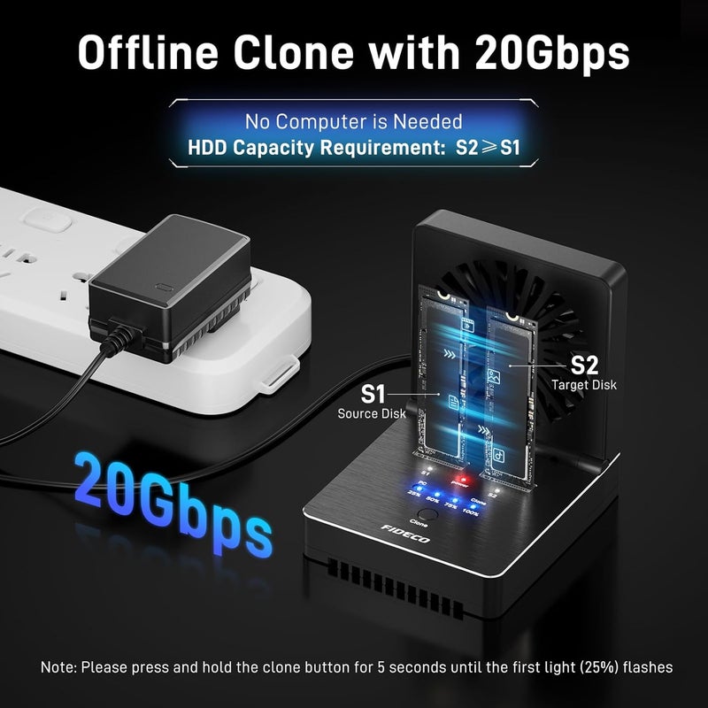 FIDECO M.2 NVMe SATA SSD Cloner Dock, USB 3.2 Gen 2 X 2, 20Gbps NVMe Cloner Duplicator with Foldable Cooling Fan, Support Offline Clone, UASP and Trim, Aluminum Design - Image 3